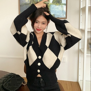 메이킹유 H6097웨일드가디건 아우터 아가일 브이넥 단추 루즈핏