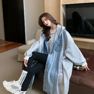 루즈핏 후드 여성 청 데님 배색 롱 가디건 점퍼 자켓 하늘비즈 C11 H404B821