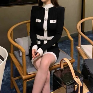 부클 트위드 하이넥 배색 원피스