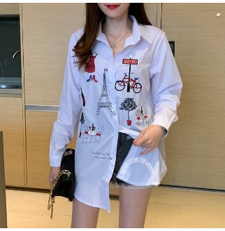 여성 자수 긴 흰색 블라우스 버튼 업 톤 다운 칼라 풀 슬리브 셔츠 타워 고양이 자전거 캐주얼 여성 탑