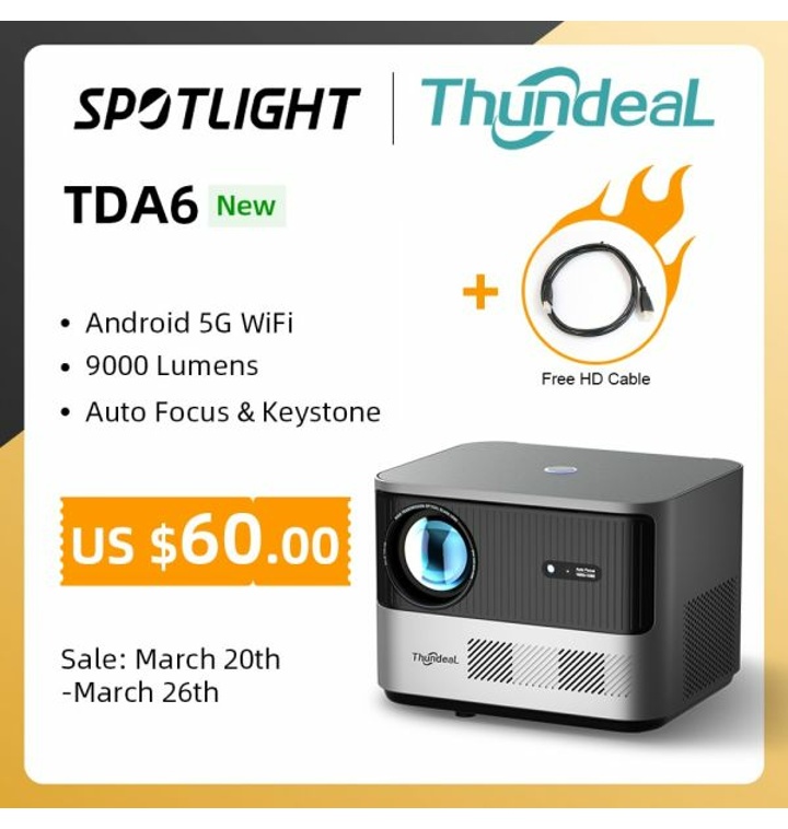 미니빔프로젝터 ThundeaL-TDA6 풀 HD 프로젝터 1080P 2K 4K 동영상 홈 시어터 오토 포커스 5G 와이파이 ...