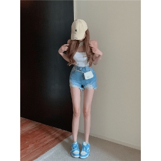 [데님반바지]하이웨스트느낌의밑단찢어짐데님반바지