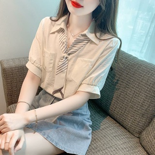 타이블라우스 리본 블라우스 린넨 하얀 반팔 리본타이 하객룩 결혼식 카라 셔츠 정장 여성