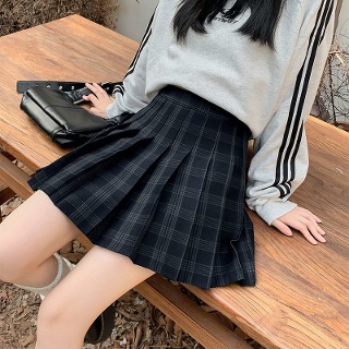 체크 플리츠 스커트 치마 모직 주름 A라인 미니 밴딩