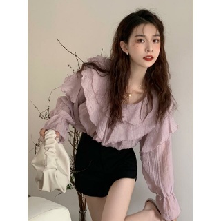 봄 시폰 긴팔 셔츠 하이 엔드 러플 레이어드 탑 셔츠 블라우스