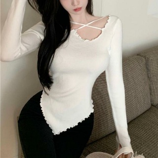 슬림 스트랩 사선 긴팔 티셔츠 언발 크로스 상의 파티 클럽룩
