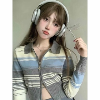 크롭가디건 여름가디건 여자 여성 봄 볼레로 Deeptown 여성용 빈티지 스트라이프 크롭 카디건, 하라주쿠