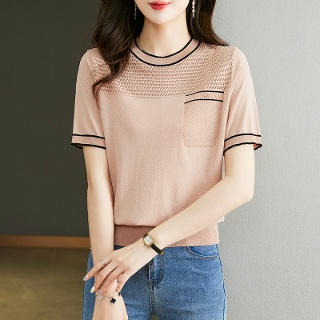 짜리점 여자 키작녀 라운드넥티 티셔츠 반팔 펀칭 여름 라운드넥 아이스니트 꾹2