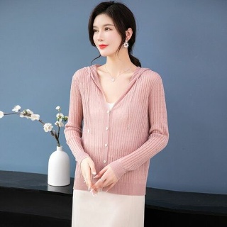 R4E 여성 후드 가디건 여름 니트가디건 V넥 후드 롱슬리브 아이스 아우터 젠2