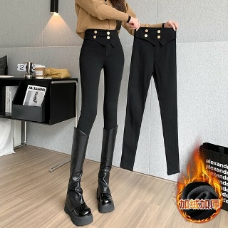 마르소 스키니바지 여성 스판 기모 하이웨스트 스키니 고탄력 버클 가을 워싱 겨울 UNO4