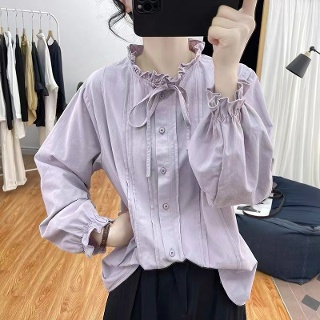 꾹점빵 여자 키작녀 무지데님 셔츠 봄가을 프릴 면 소매 길이 꾹1