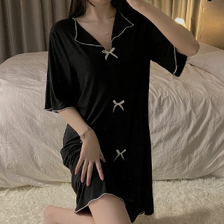 타노스 커플 잠옷세트 여름 브이넥 반팔 잠옷 카라넥 슬립 리본 미디 스커트 파자마 KKE2