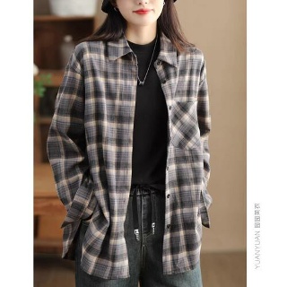 마르소 체크셔츠 여성 남방 모직 가디건 박시 체크 면 가을 빈티지 고밀도 셔츠 UNO3