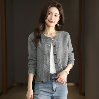 아이언하트 여성여친 가디건 루즈핏 키작 가을 캐주얼 단색 숏니트 탑 아우터 라운드넥 상의 KKE3