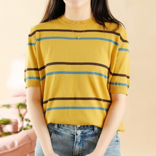 여성 반팔 라운드 스트라이프 면 티셔츠