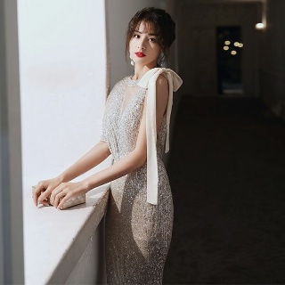 샴페인 리본 파티 연말 시상식 결혼식 수입글램룩 셀프웨딩 이브닝드레스