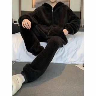 워크웨어 남자멜빵바지 작업복 점프수트 남성 가을 겨울 두꺼운 플리스 점프수트와 후드가 있는 코랄 원피스 잠옷