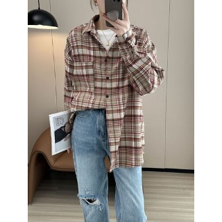 마르소 체크셔츠 여성 체크 블라우스 봄 가을 슬리브리스 아웃도어 긴팔 코디 루즈핏 UNO1