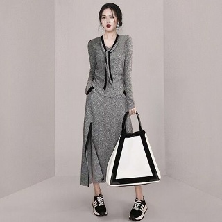 뚜에스틸로 여성니트 프렌치 시크 브이넥 하이웨스트 슬릿 스커트 투피스 ADOR1