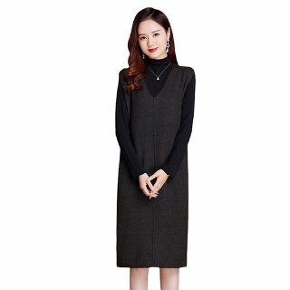 옥뚜브레 민소매 원피스 니트 조끼 봄 가을 롱 V넥 빅사이즈 UNO3