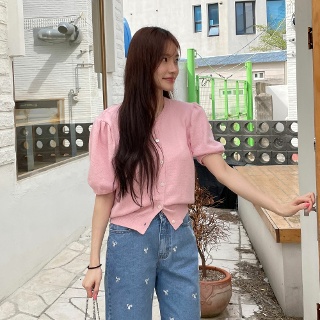 퀸즈 셔링 퍼프 반팔 라운드 가디건