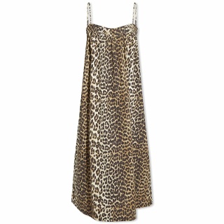 가니 프린트 면 미디 스트랩 원피스 드레스 Leopard