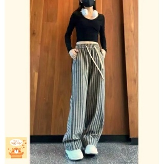마르소 여자 봄 일자 팬츠 캐주얼 도톰 스트라이프 와이드 가을 하이웨스트