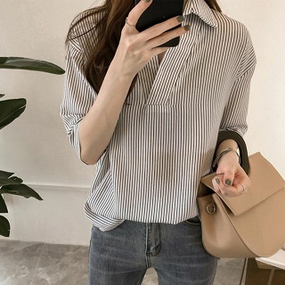 스트라이프 7부셔츠 브이넥카라 블라우스 남방