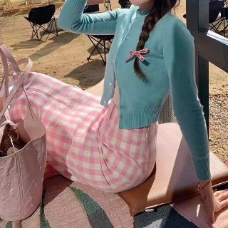 끄샵 여성정장세트 미디엄 기장 스커트+가디건 세트 체크 무니 치마+가디건 투피스 OPH1