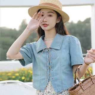 반팔 데님 셔츠 셔켓 셔링 청블라우스 청남방 여성