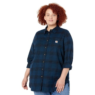 Carhartt 여성용 Rugged Flex 릴렉스 핏 미드웨이트 플란넬 긴소매 격자무늬 튜닉, 나이트 블루