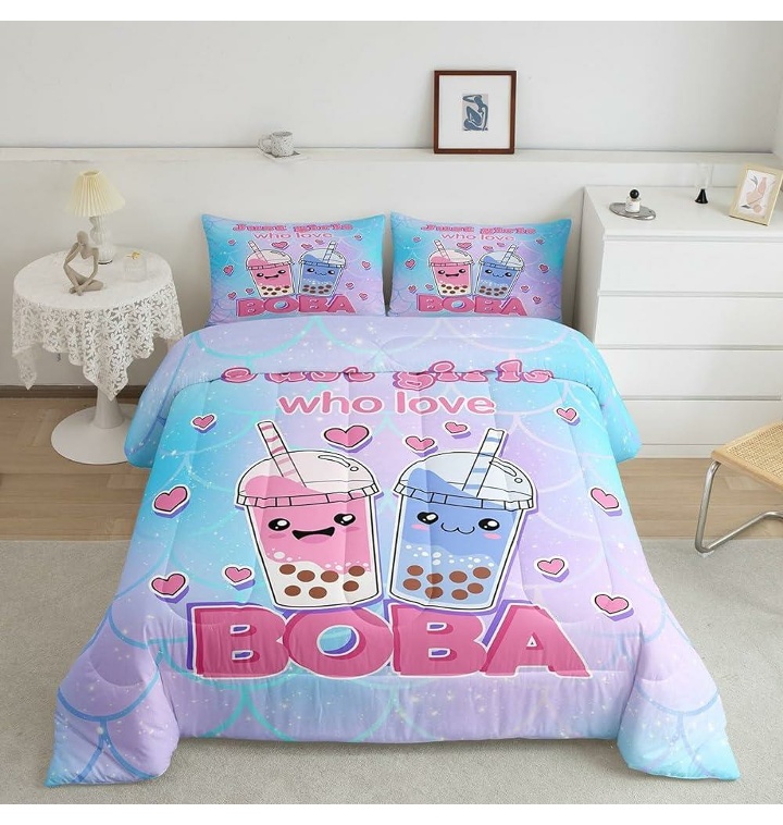 Cute Boba Milk Tea Twin Size Down Comforter Set,Purple Blue - 티몬